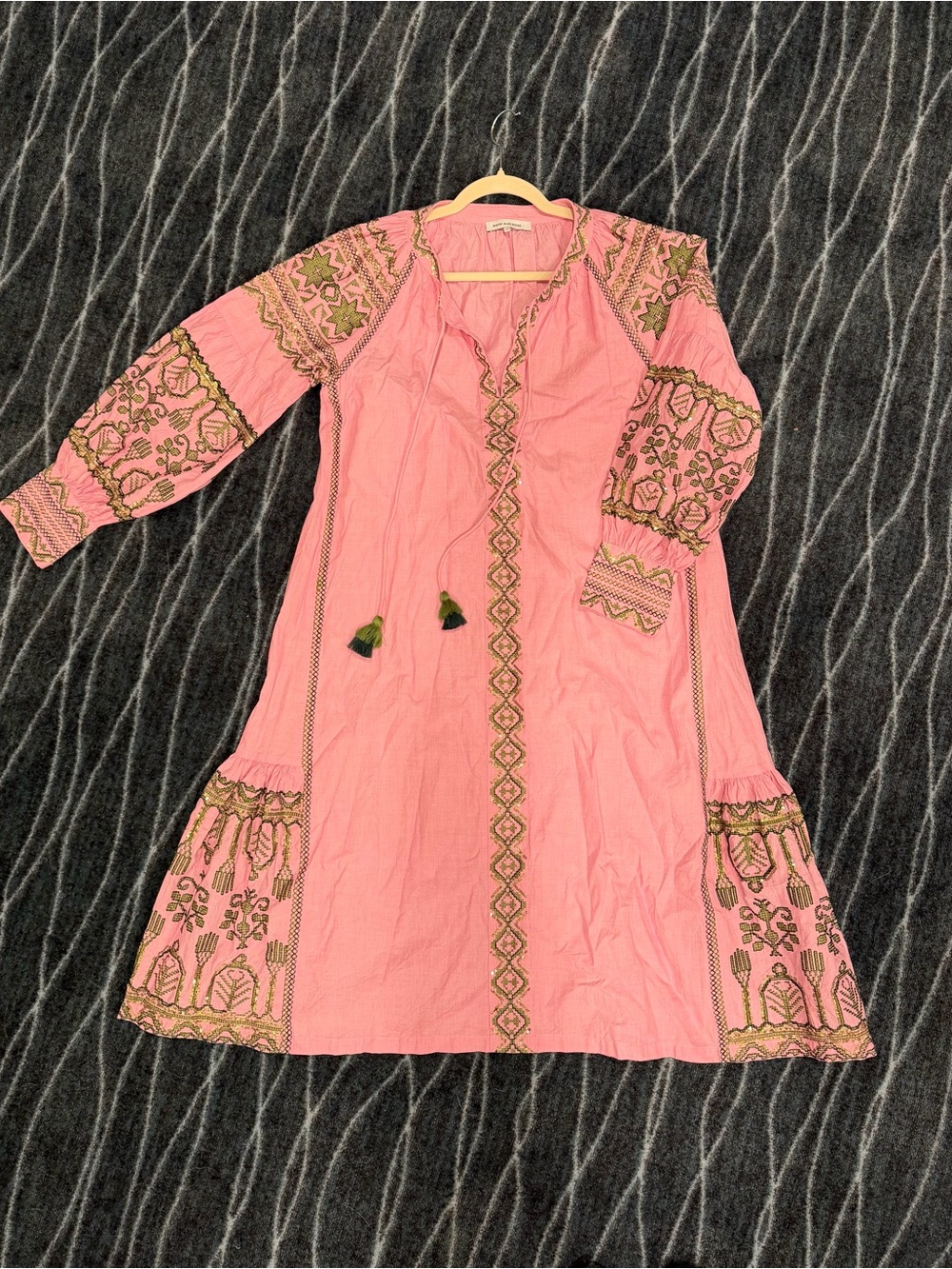 Pink Cotton Embroidered Dress with Tassel Detail
